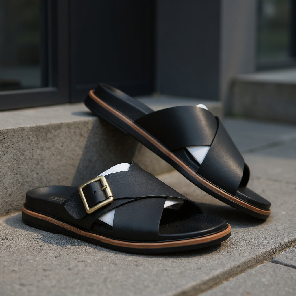 Alviro Slides Noir En Cuir
