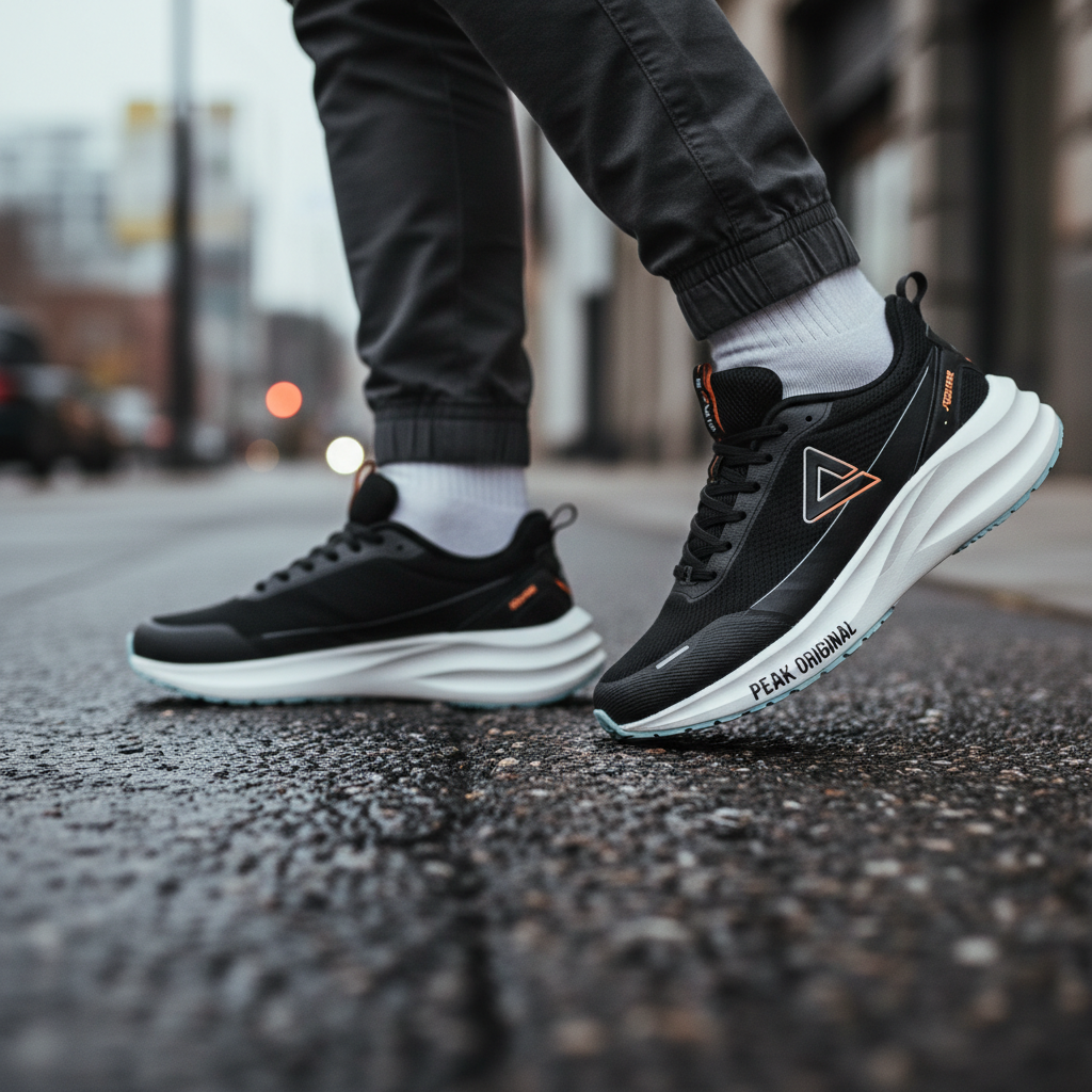 PEAK CUSHION RUNNING SHOES-BLACK/LT.GREY