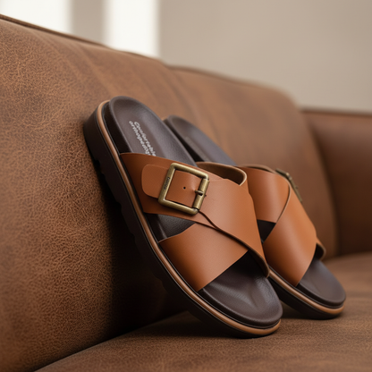 Alviro Slides Camel En Cuir