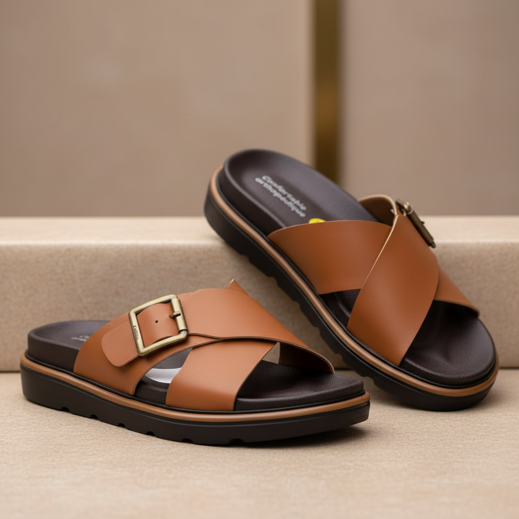 Alviro Slides Camel En Cuir